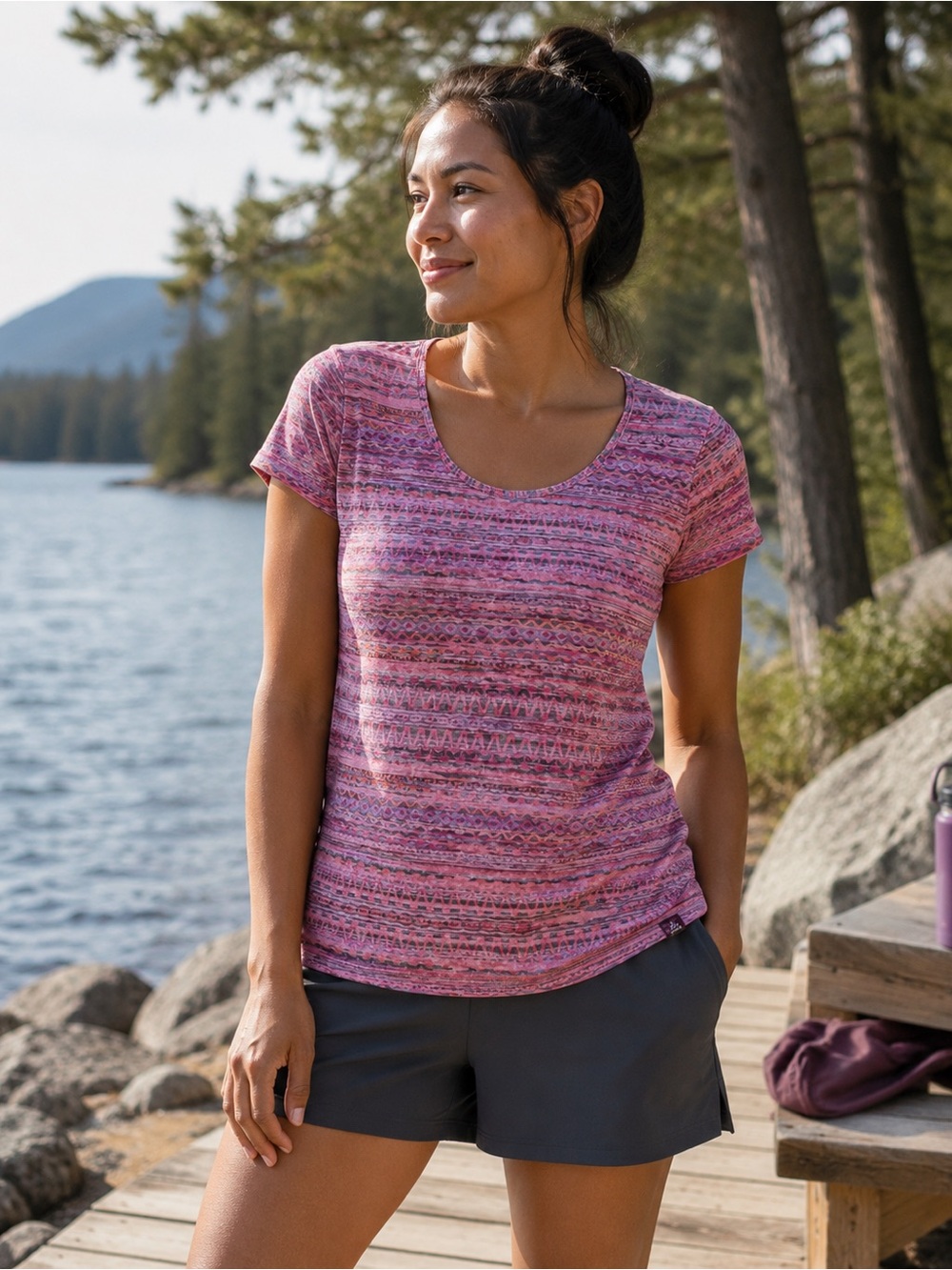 PrAna Pink Tribal Print Scoop Neck Performance Tee | Women’s L (Estimated)